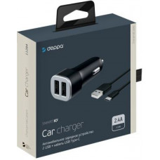 Автомобильное зар./устр. Deppa 2.4A универсальное кабель USB Type C черный (11284)