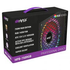 PSU HIPER HPB-750RGB (ATX 2.31, 750W, ActivePFC, RGB 140mm fan, Black) BOX