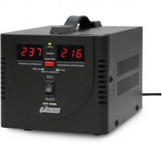 Stabilizer POWERMAN AVS 1000D, black, step-type regulator, digital indicators of voltage levels, 1000VA, 140-260V, maximum input current 7A, 2 eurosockets, IP-20, floor standing, 200mm x 150mm x 140mm, 2.3kg.