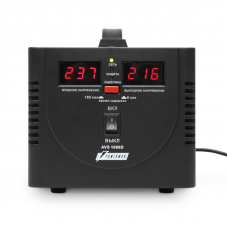 Stabilizer POWERMAN AVS 1000D, black, step-type regulator, digital indicators of voltage levels, 1000VA, 140-260V, maximum input current 7A, 2 eurosockets, IP-20, floor standing, 200mm x 150mm x 140mm, 2.3kg.