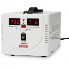 Stabilizer POWERMAN AVS 1000D, step-type regulator, digital indicators of voltage levels, 1000VA, 140-260V, maximum input current 7A, 2 eurosockets, IP-20, floor standing, 200mm x 150mm x 140mm, 2.3 kg.