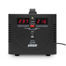Stabilizer POWERMAN AVS 500D, black, step-type regulator, digital indicators of voltage levels, 500VA, 140-260V, maximum input current 5A, 2 eurosockets, IP-20, floor standing, 200mm x 150mm x 140mm, 2.3kg.