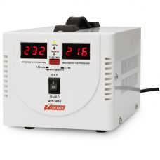 Stabilizer POWERMAN AVS 500D, step-type regulator, digital indicators of voltage levels, 500VA, 140-260V, maximum input current 5A, 2 eurosockets, IP-20, floor standing, 200mm x 150mm x 140mm, 2.3kg.